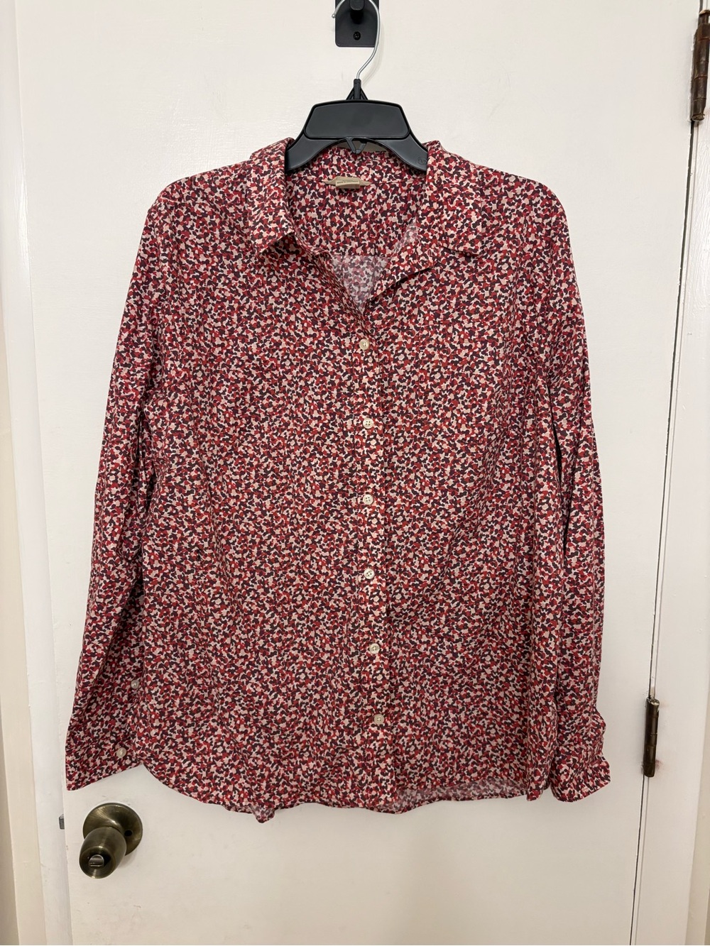 Duluth Trading Co Shirt Red Ditzy Abstract Cotton No-Gape Placket Womens XL